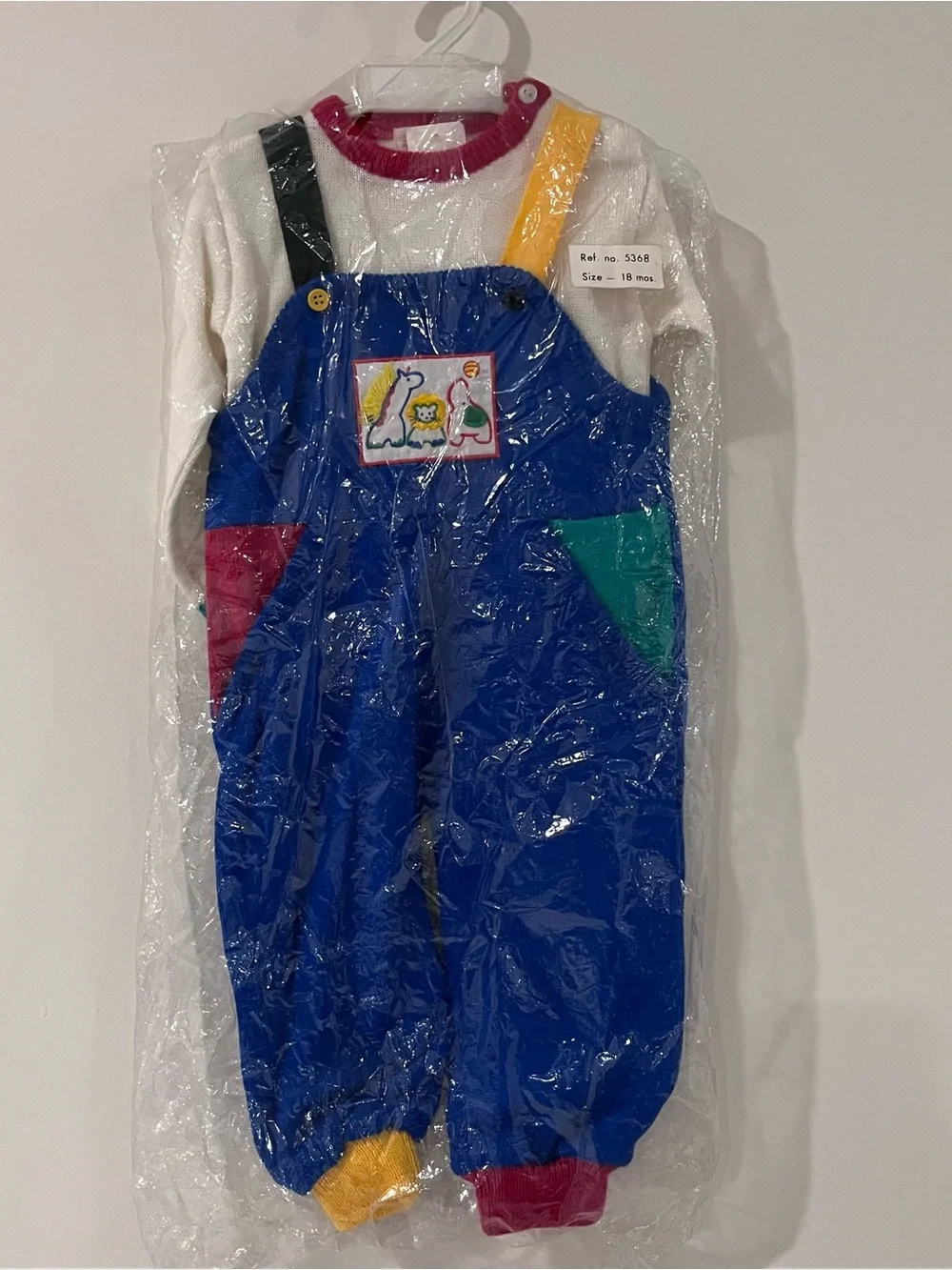 Vintage NEW Baby Boy Sweater Overalls With Shirt 18m Colorful Zoo Animals Winter